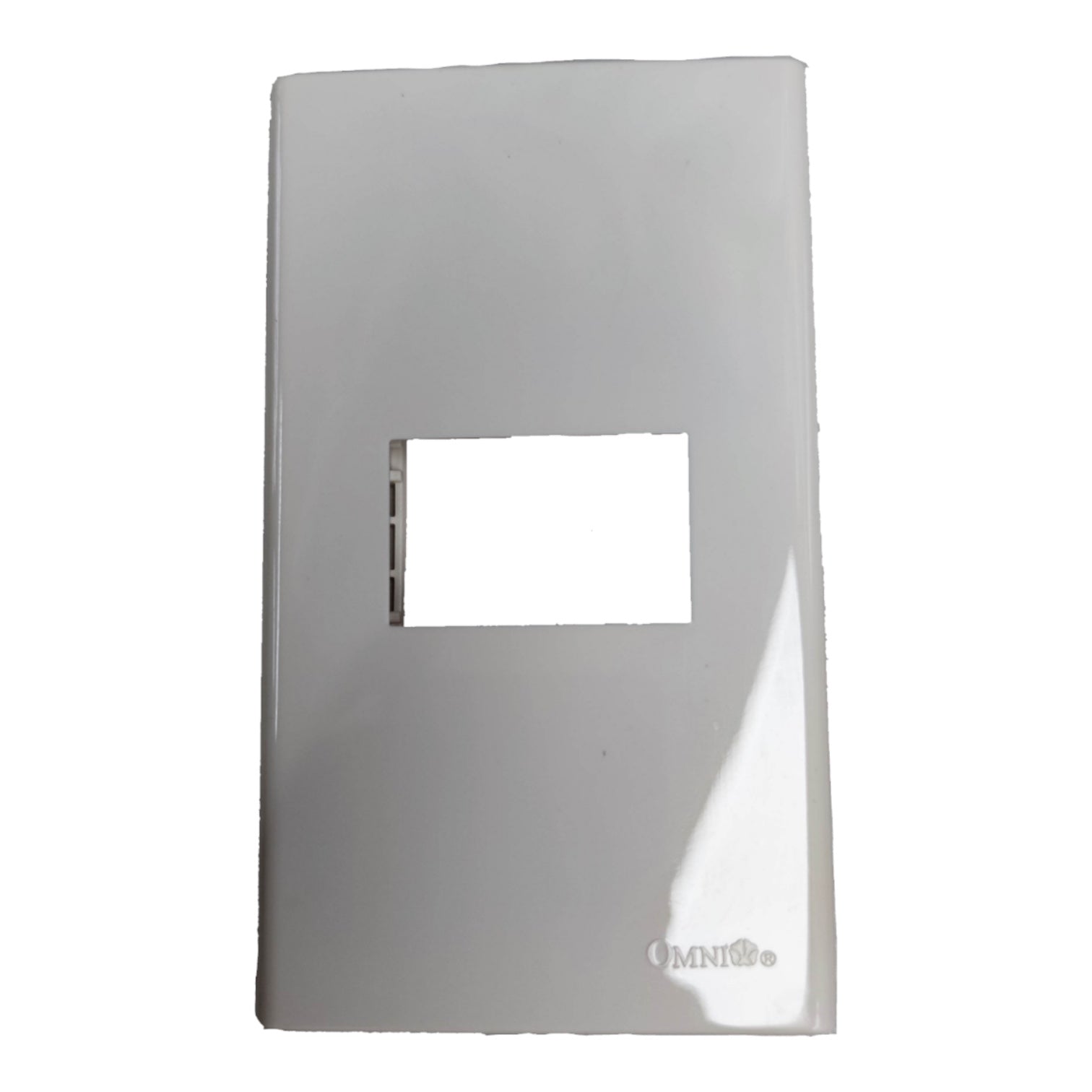 A glossy white rectangular plastic faceplate with a central rectangular cutout and a small vertical slot on the left side, featuring the 'OMNI' brand logo in the bottom right corner.