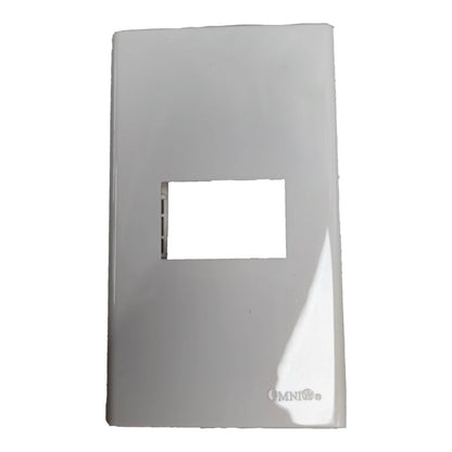 A glossy white rectangular plastic faceplate with a central rectangular cutout and a small vertical slot on the left side, featuring the 'OMNI' brand logo in the bottom right corner.