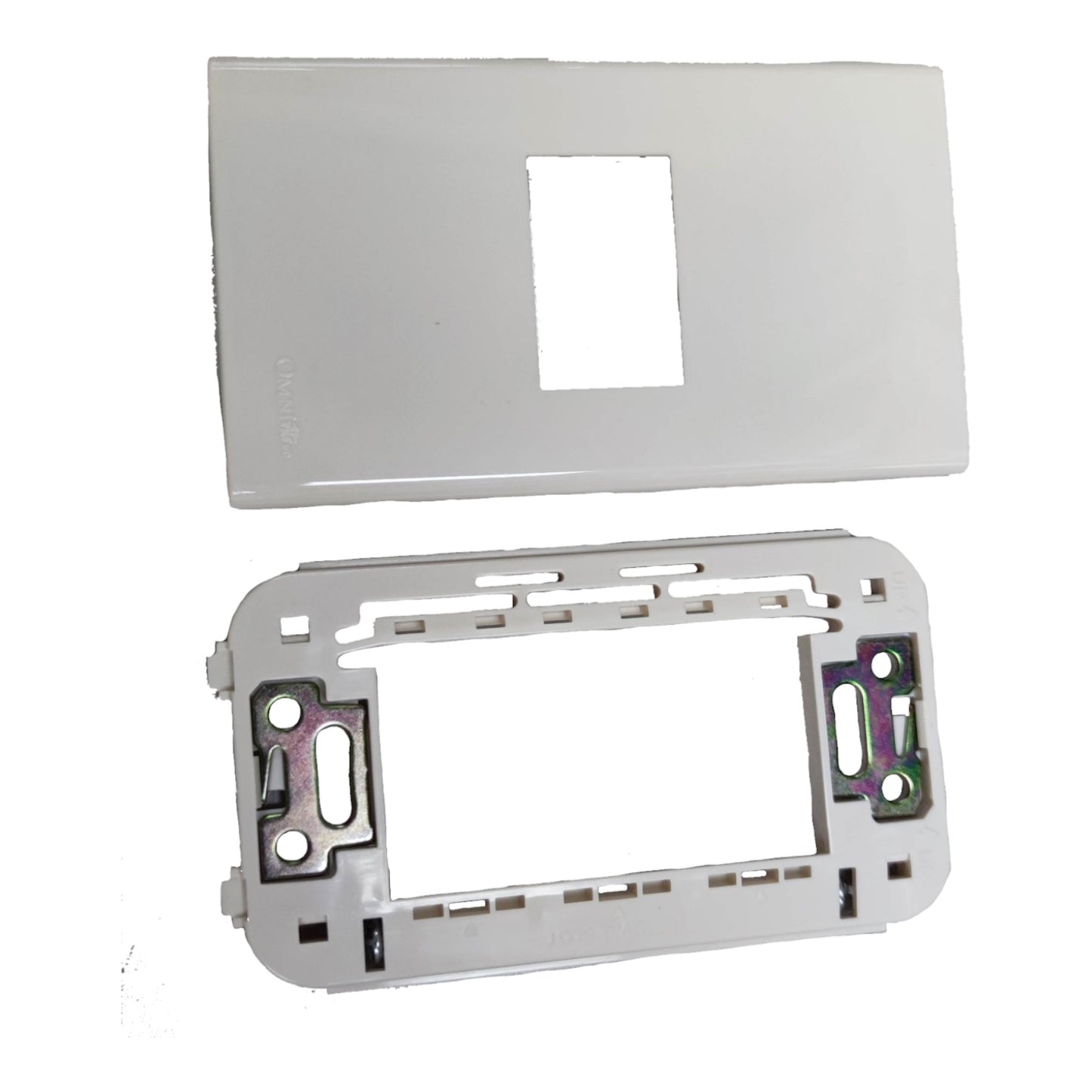 A replacement double-gang light switch panel with a white top cover and a gray mounting base, shown against a plain white background.