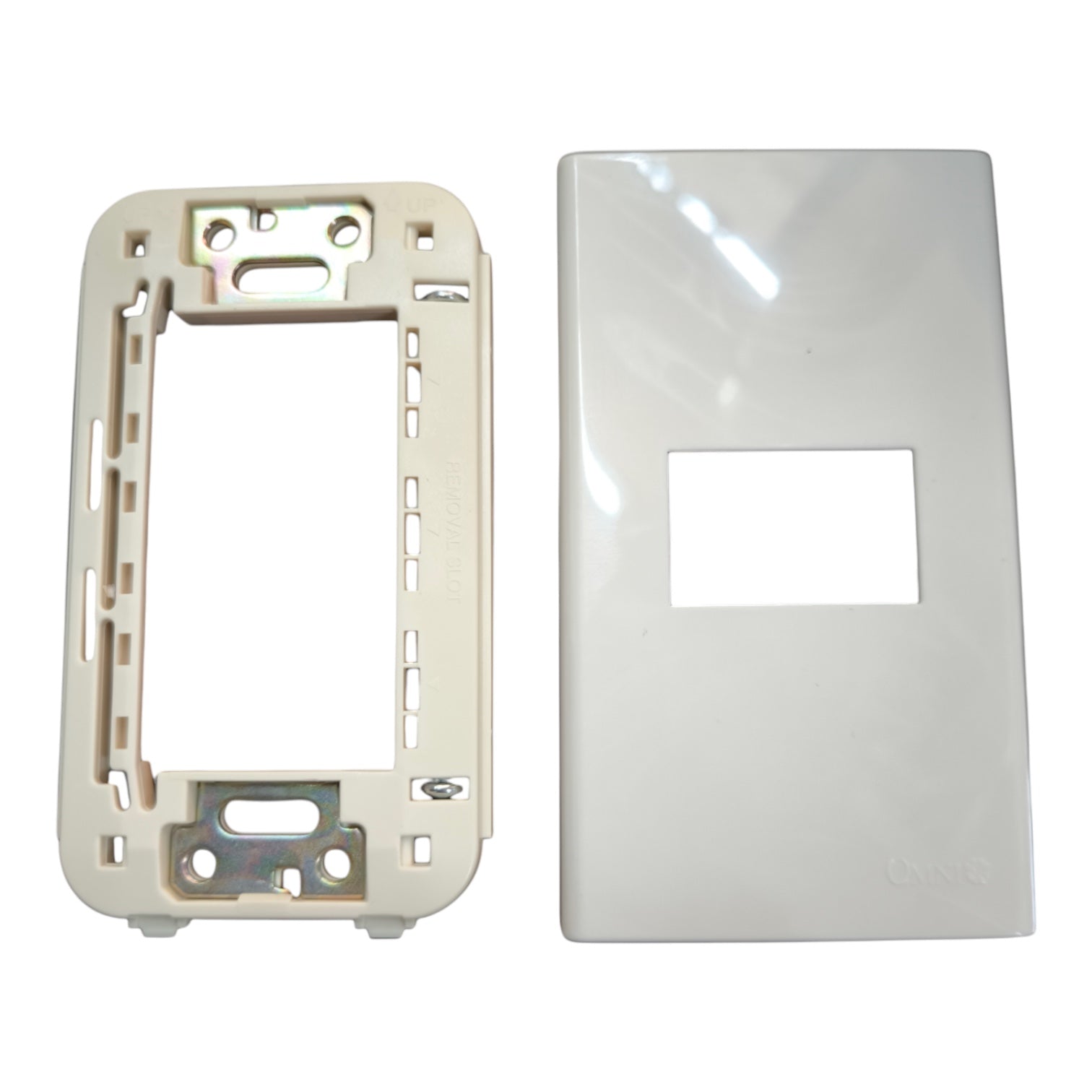 A white glossy rectangular wall plate cover with a central rectangular cutout, shown next to a cream-colored plastic mounting frame insert on a white background.