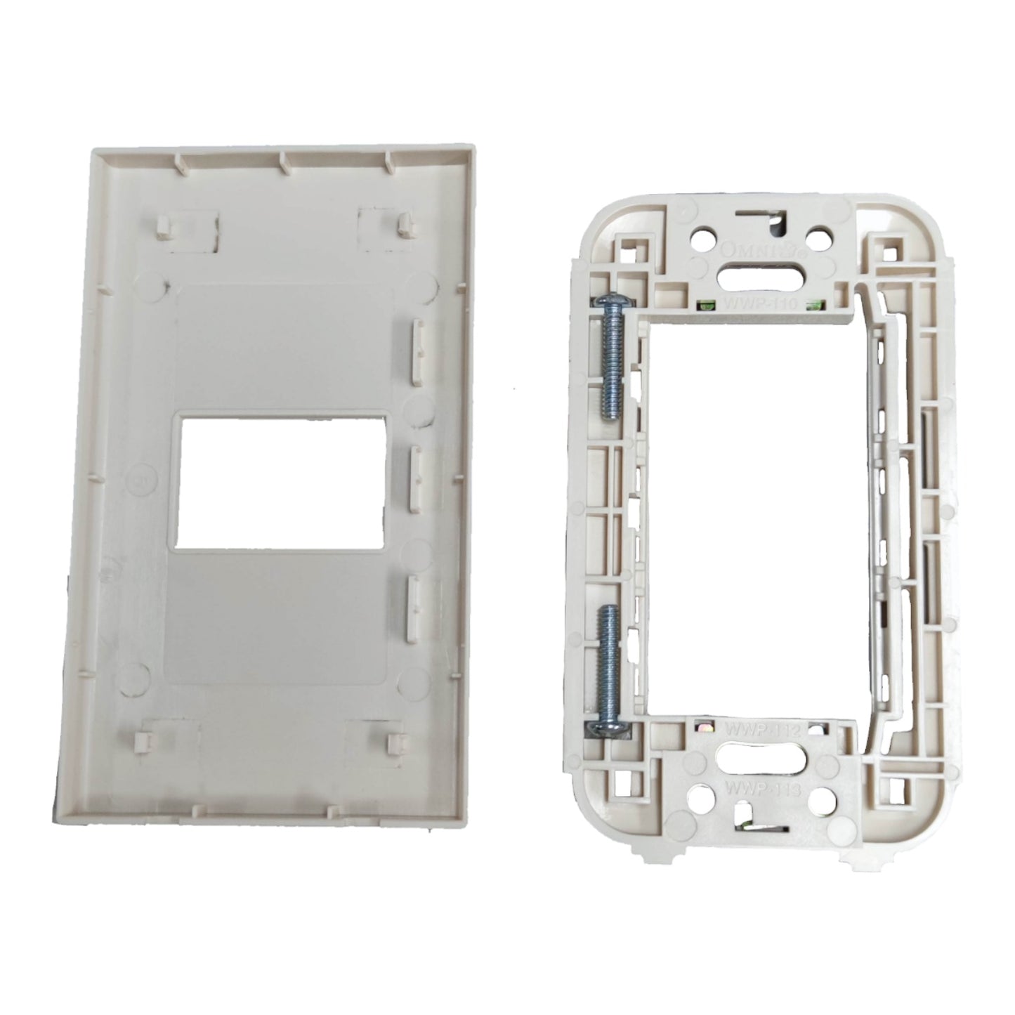 A pair of white plastic electrical switchboard tray components, showing the front plate on the left and the back frame with mounting holes and screws on the right, set against a plain white background.