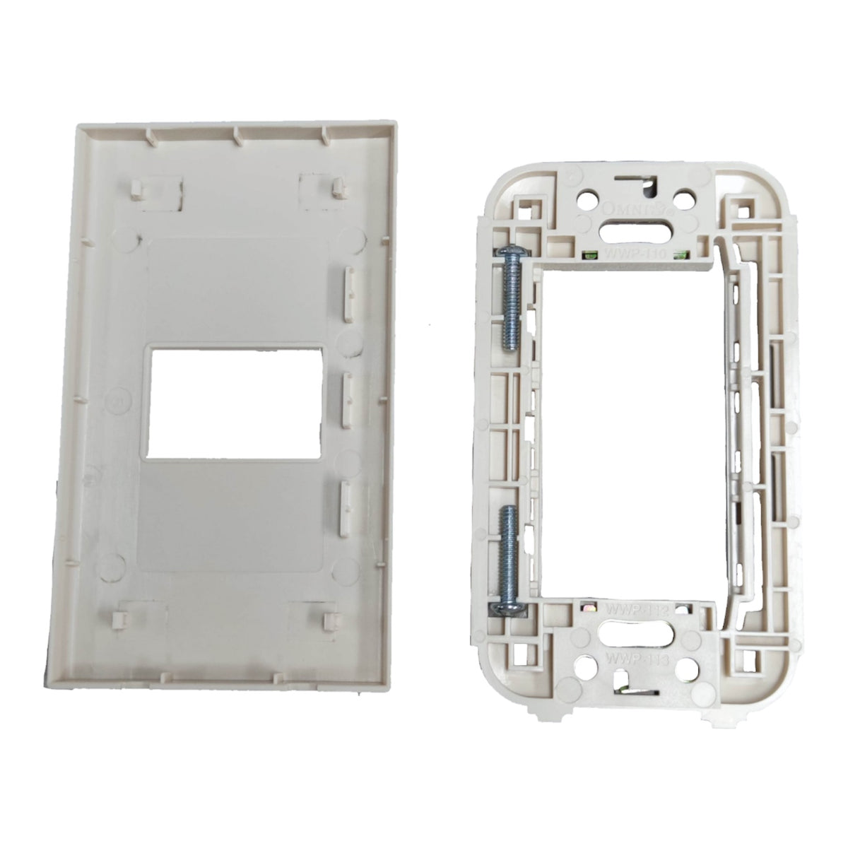 A pair of white plastic electrical switchboard tray components, showing the front plate on the left and the back frame with mounting holes and screws on the right, set against a plain white background.