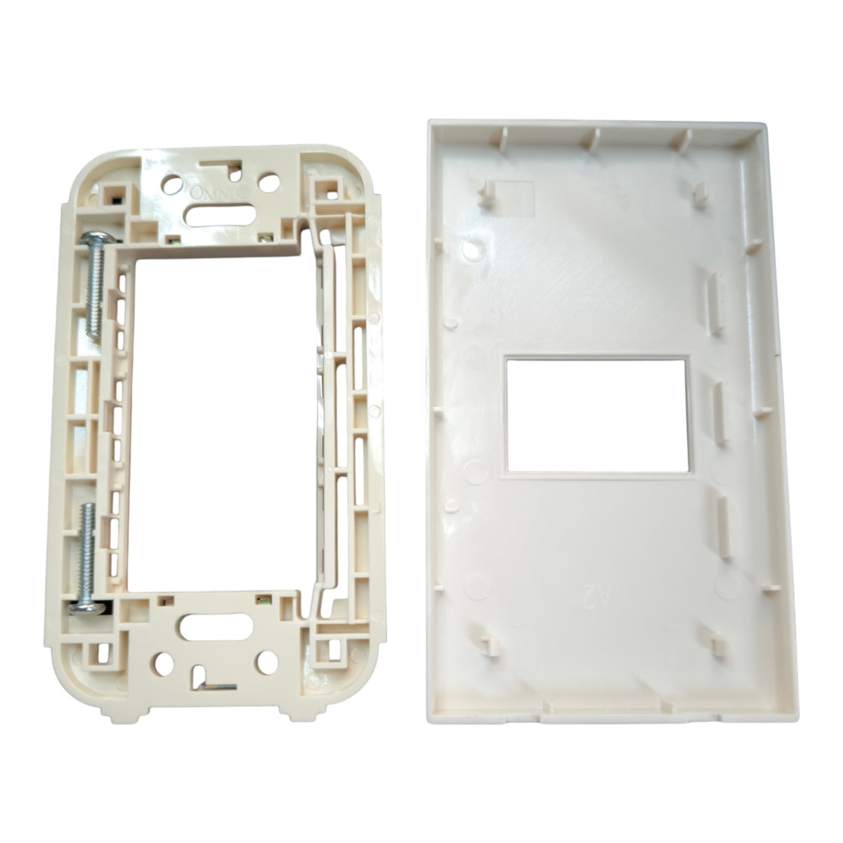 An off-white plastic electrical switch box frame and matching cover plate, shown on a solid white background.