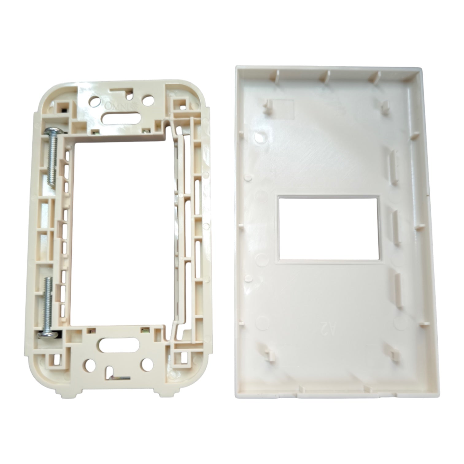 An off-white plastic electrical switch box frame and matching cover plate, shown on a solid white background.