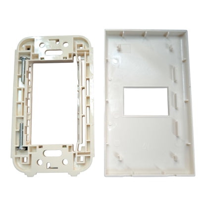 An off-white plastic electrical switch box frame and matching cover plate, shown on a solid white background.