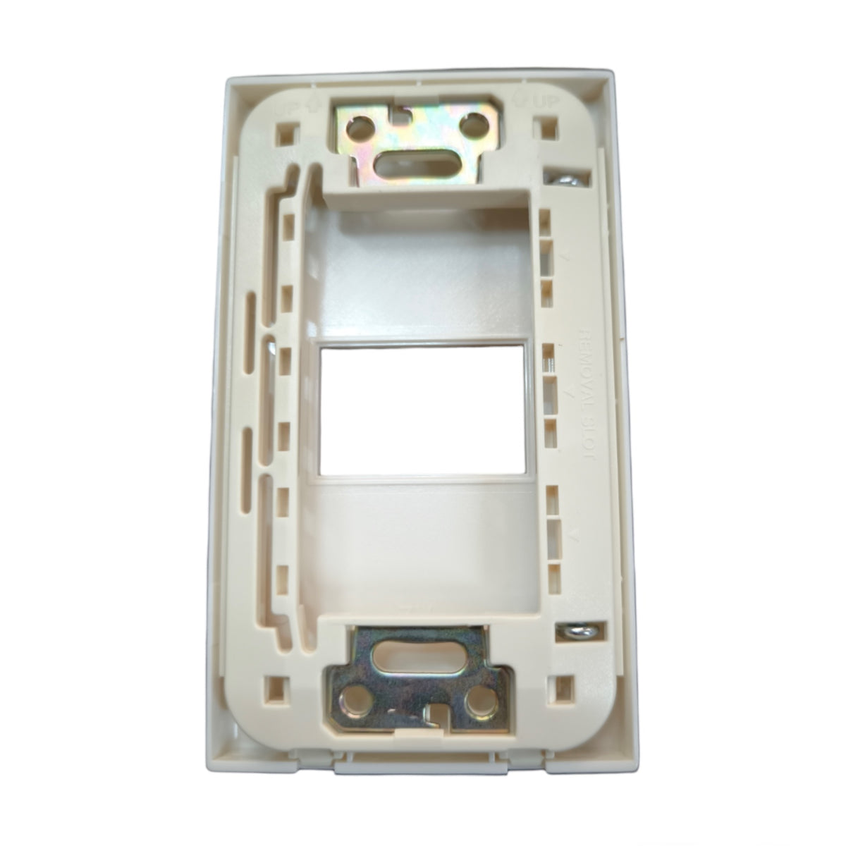 An off-white plastic RJ45 wall jack socket frame with metal screw terminals, shown against a plain white background.