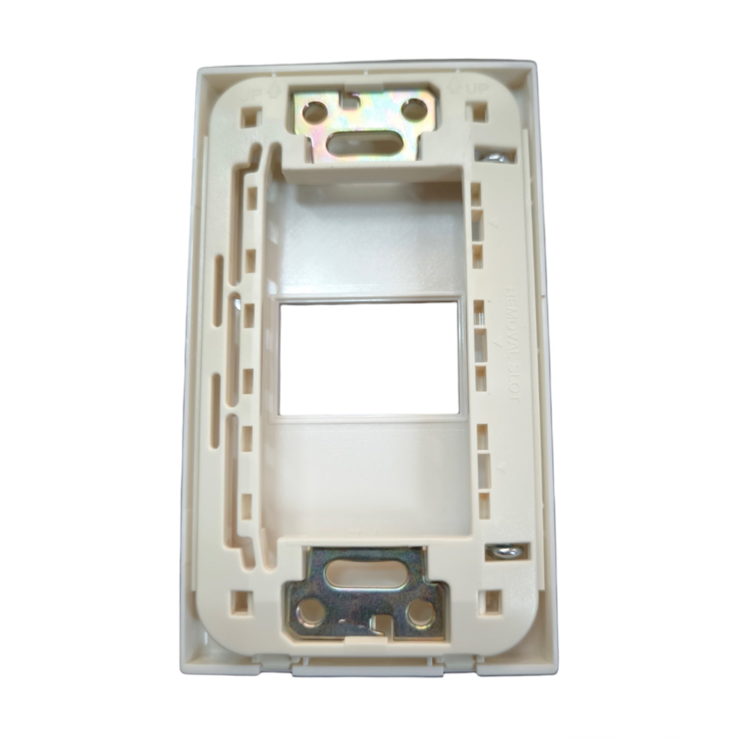 An off-white plastic RJ45 wall jack socket frame with metal screw terminals, shown against a plain white background.