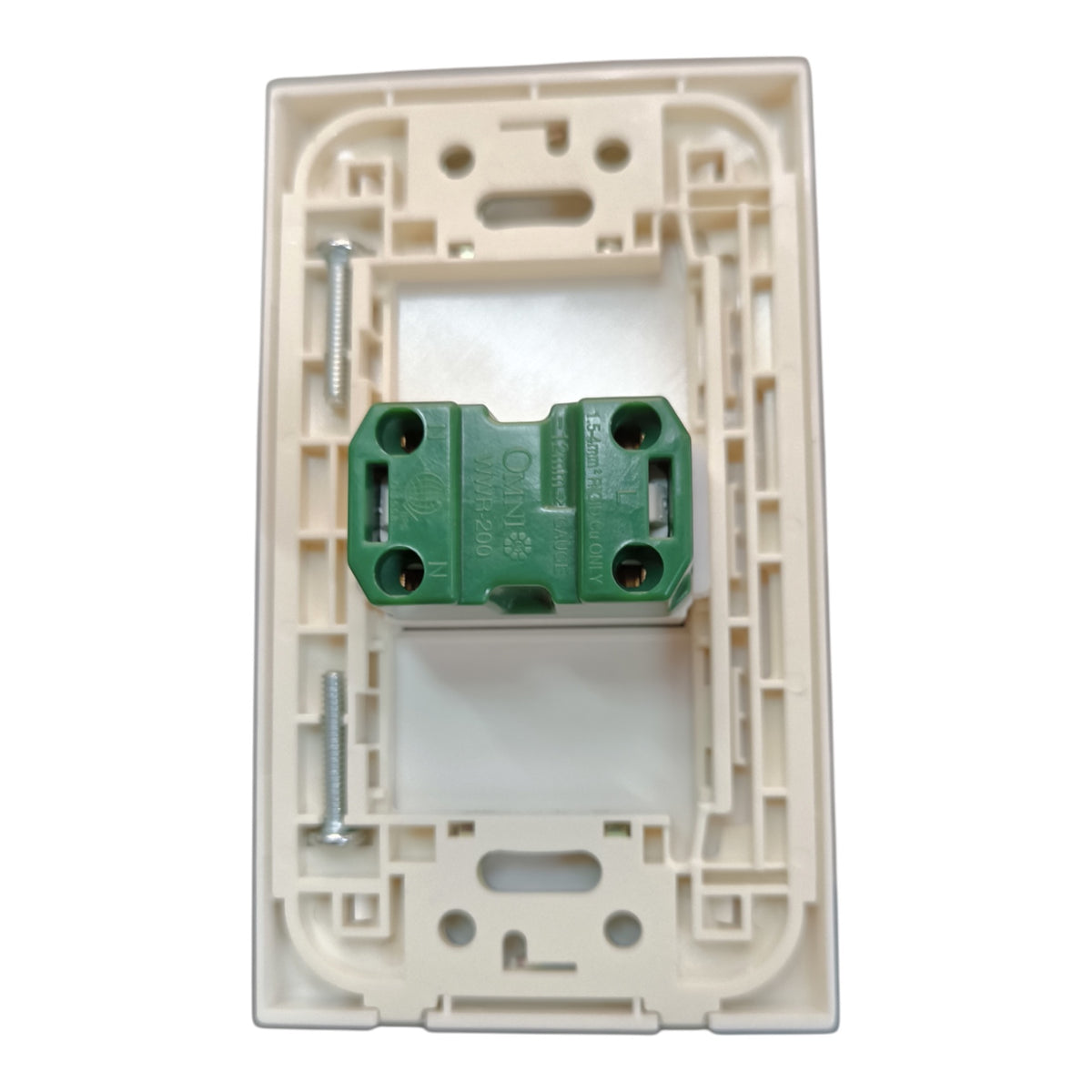 An off-white plastic electrical switch plate or socket backplate with a green terminal block and mounting screws, shown against a plain white background.