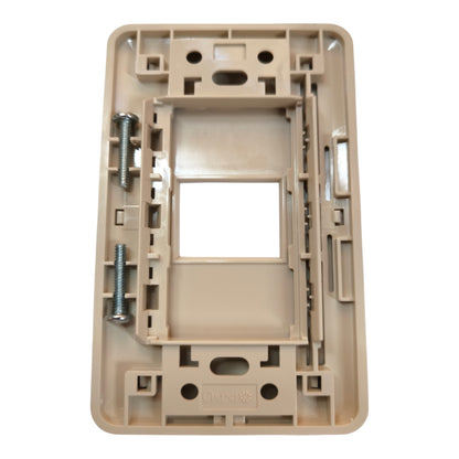 A beige plastic electrical wall plate frame with mounting hardware, shown on a solid white background.