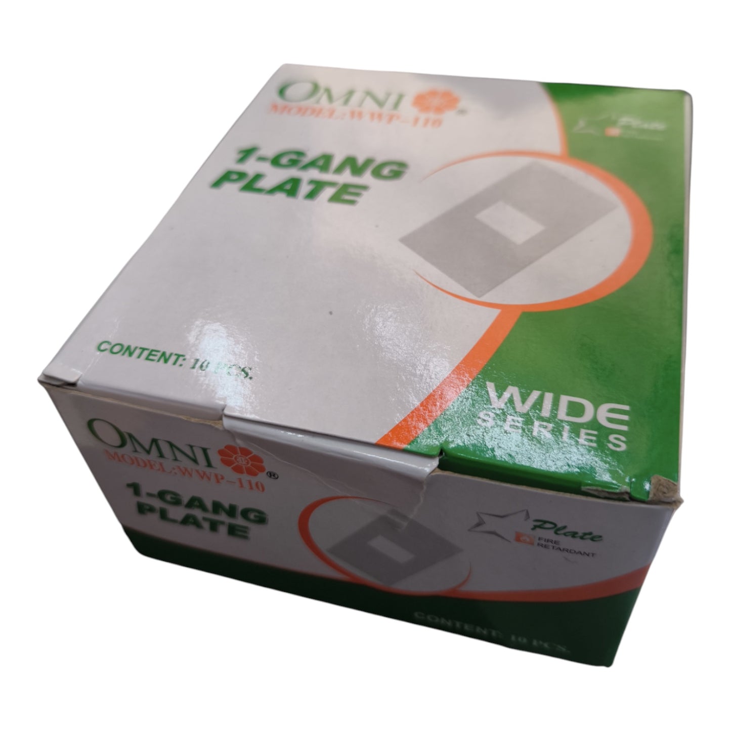 A cardboard box of Omni Model SWP-118 1-Gang Plate, Wide Series, shown at a three-quarter angle on a white background.