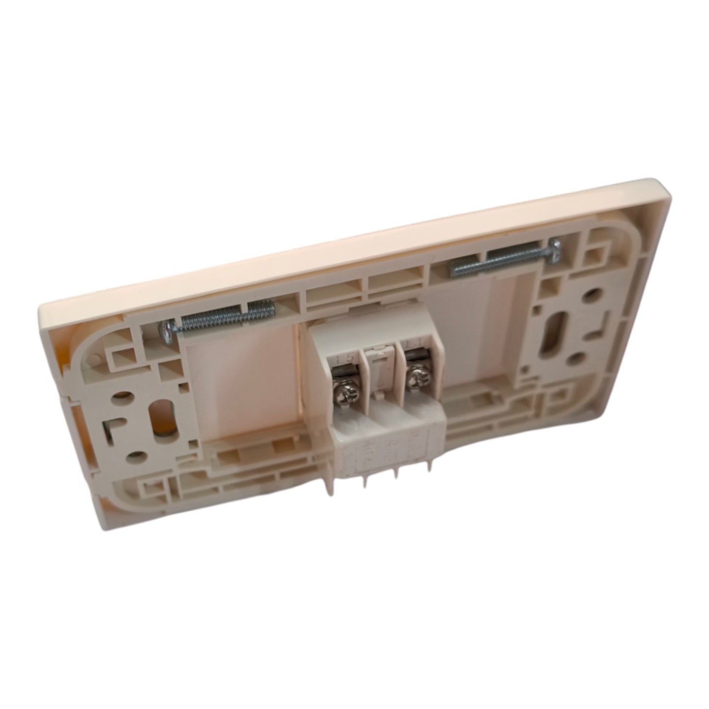 An off-white plastic electrical wall switch backplate with a central terminal connector, shown on a solid white background.