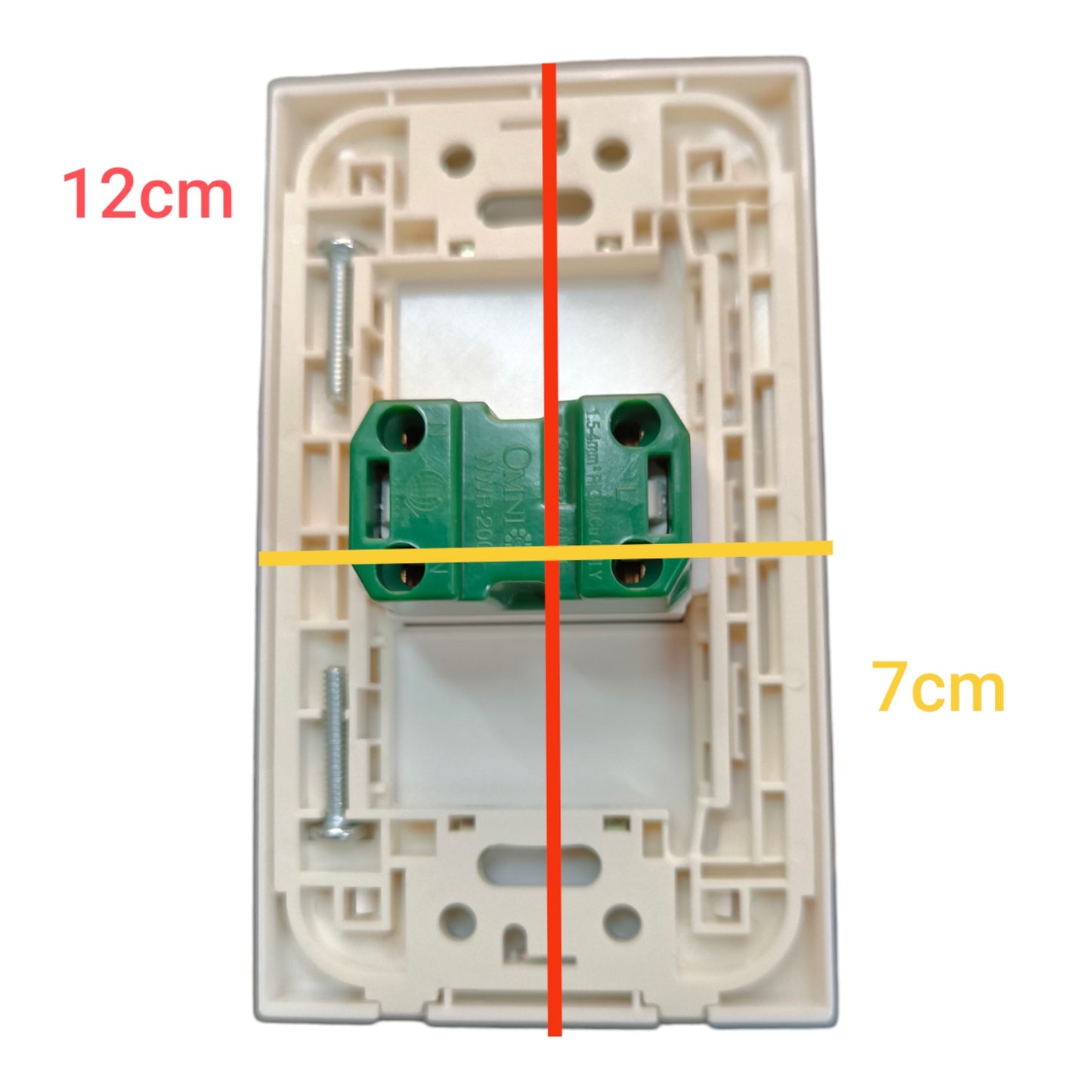 A rear view of a cream-colored electrical switch plate with a green terminal block connector, overlaid with red and yellow measurement lines and text indicating dimensions of 12cm and 7cm.