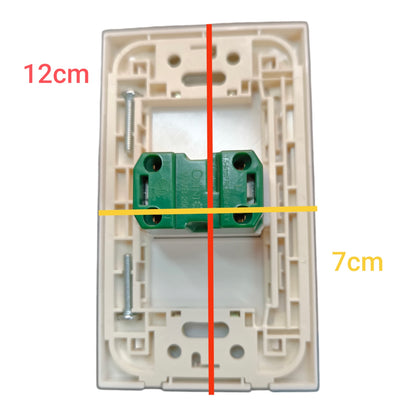 A rear view of a cream-colored electrical switch plate with a green terminal block connector, overlaid with red and yellow measurement lines and text indicating dimensions of 12cm and 7cm.