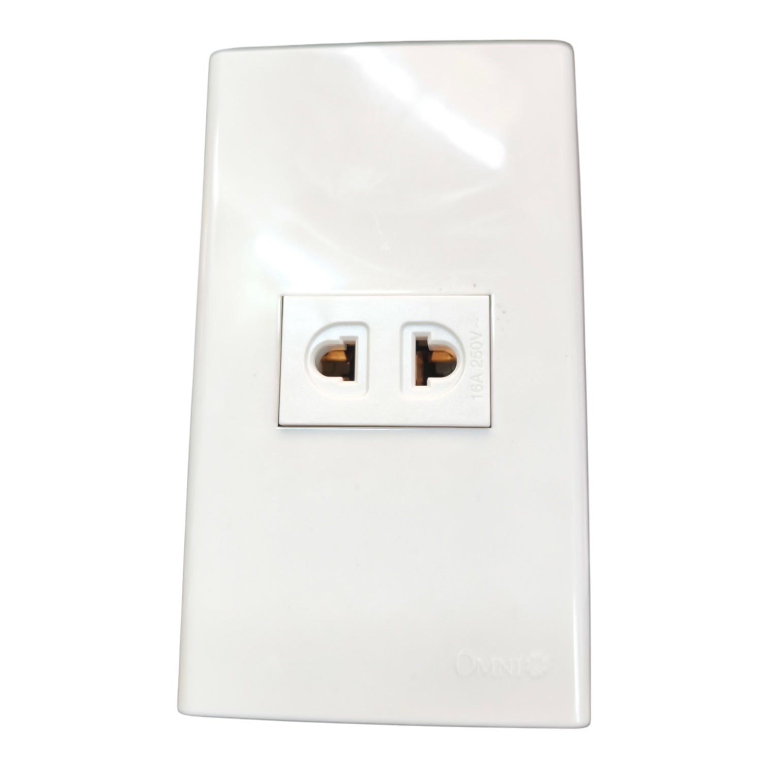 A white plastic two-outlet wall outlet cover plate with a glossy finish, featuring a molded double-socket US-style plug face and small 'OMNI' branding near the bottom right.