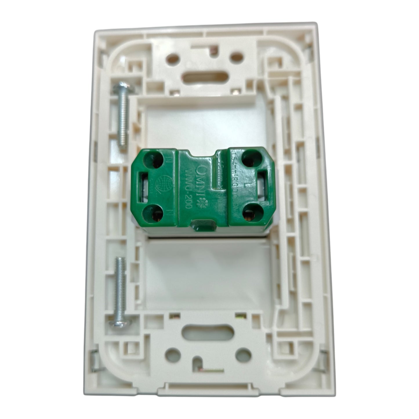 An electrical switch plate backplate with a white plastic frame and a green terminal block connector in the center, shown on a white background.