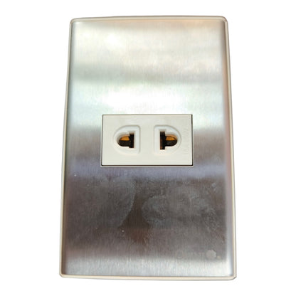 A brushed stainless steel double outlet electrical wall plate with a white center insert, shown against a plain white background.
