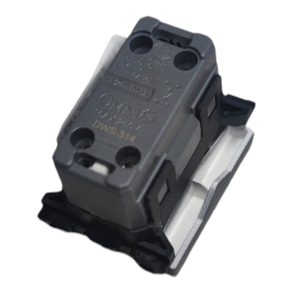 A black Omnilife DWS-314 electrical switch component with white plastic side inserts, shown on a plain white background.