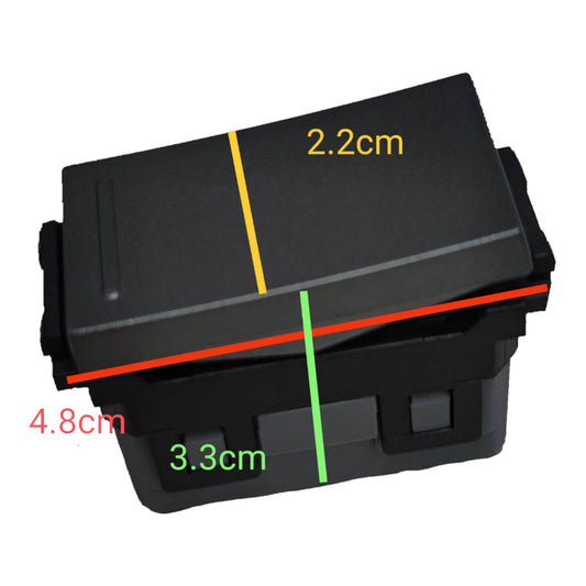 A black rectangular plastic component shown on a white background with overlaid dimension lines and text indicating measurements: 4.8cm, 3.