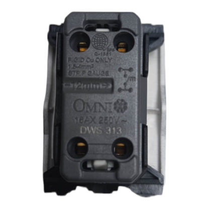 An Omni electrical terminal block connector, model DWS 313, featuring a dark gray plastic housing with gold-colored screw terminals and white printed technical specifications.