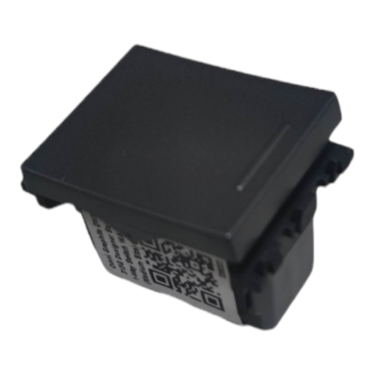 A black plastic electronic module or switch with a white label featuring a QR code and text, isolated on a white background.