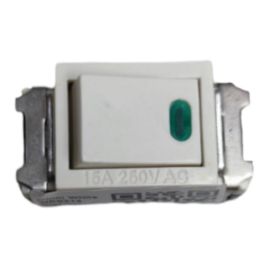 A small electrical switch component with a white rectangular body, a green oval button, and metal terminals on both sides, shown on a plain white background.