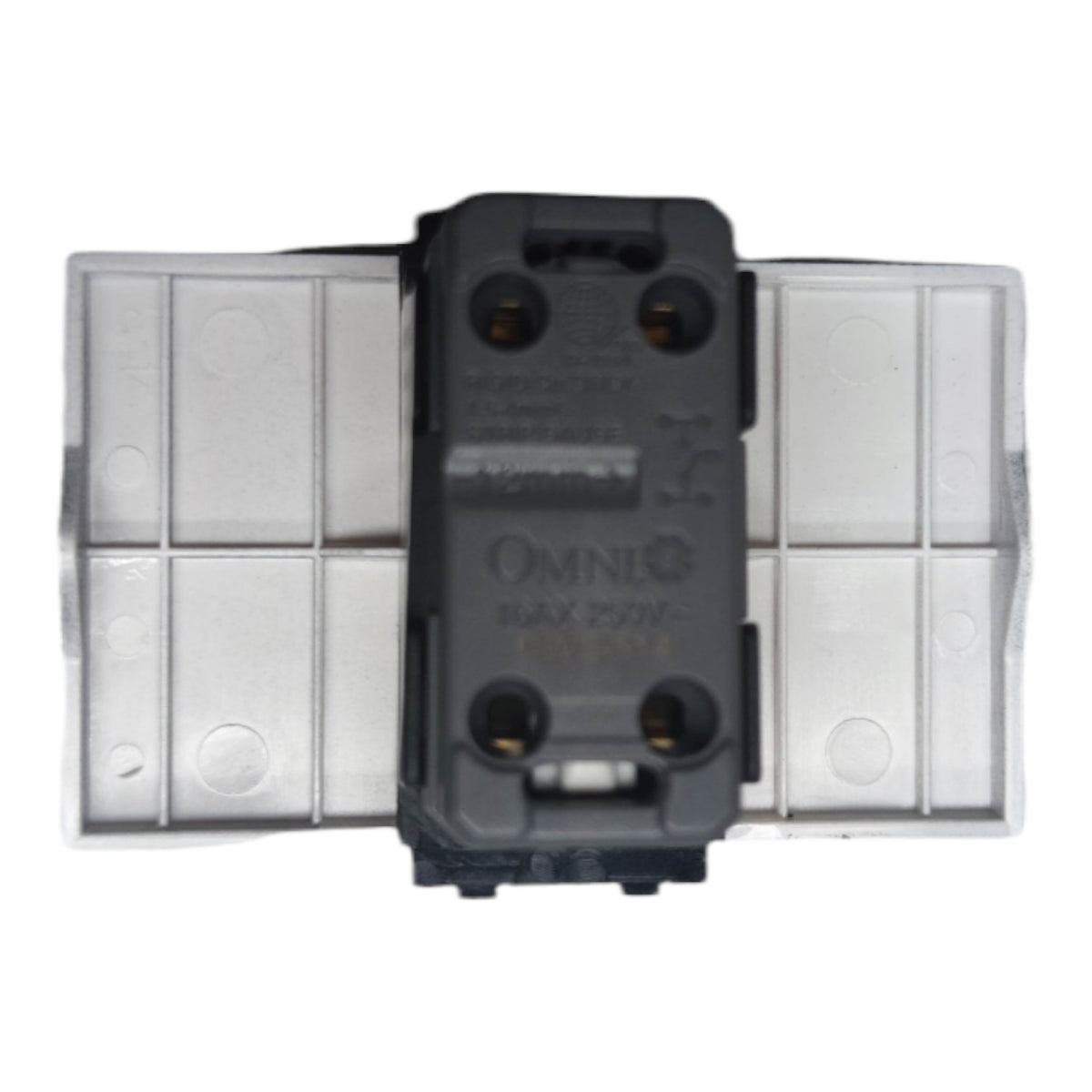 An Omnilux 250V 3A double outlet electrical connector with a black plastic center module and clear plastic side plates, shown on a white background.