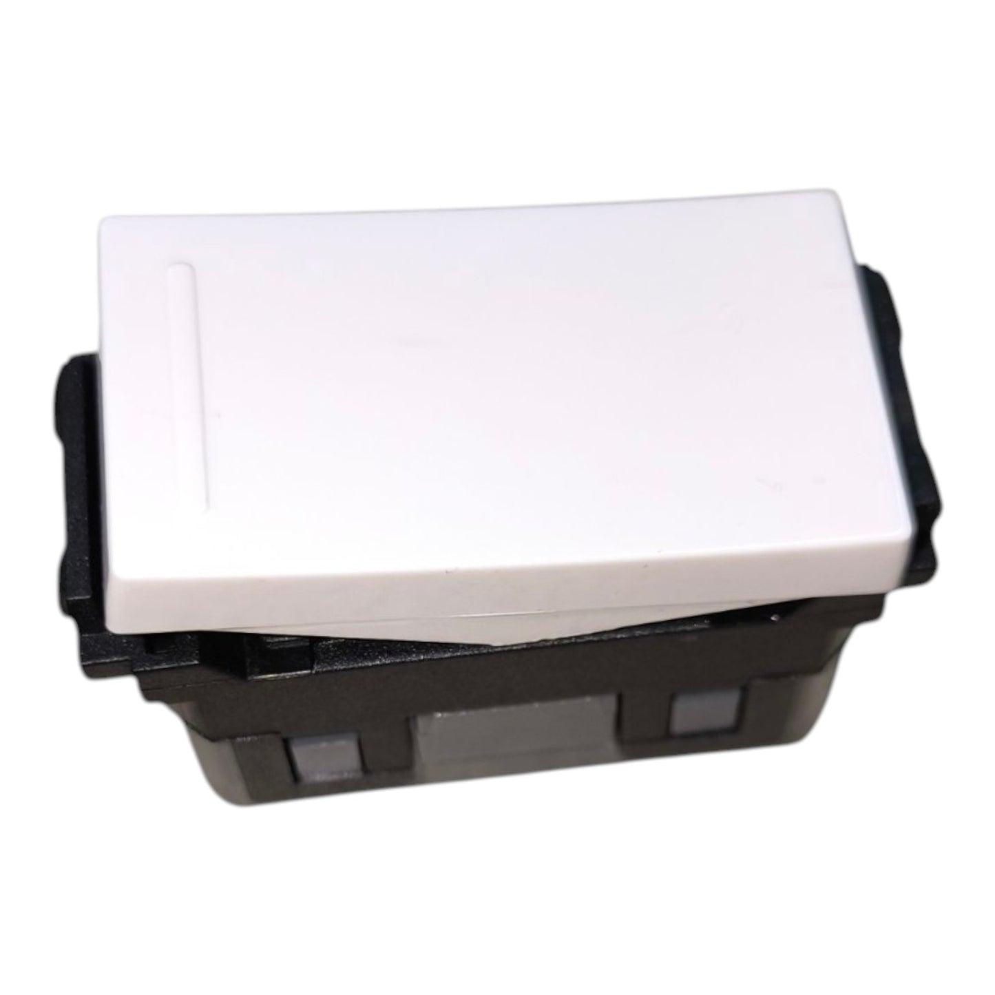 A single-toggle wall switch with a white plastic top cover and a black plastic base, shown on a plain white background.
