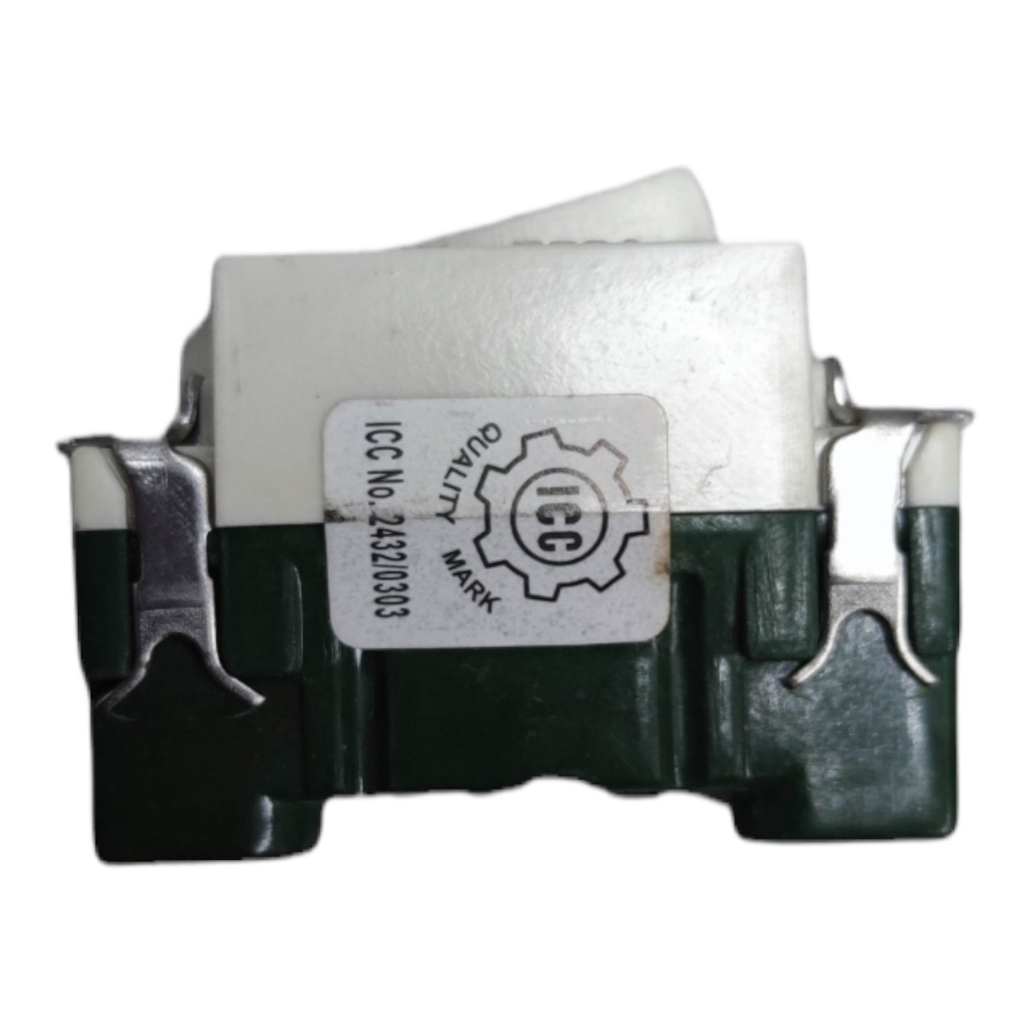 A small electronic component with a white top section, a dark green base, and silver metal leads, featuring a white sticker label with 'IC' and 'QUALITY' text.
