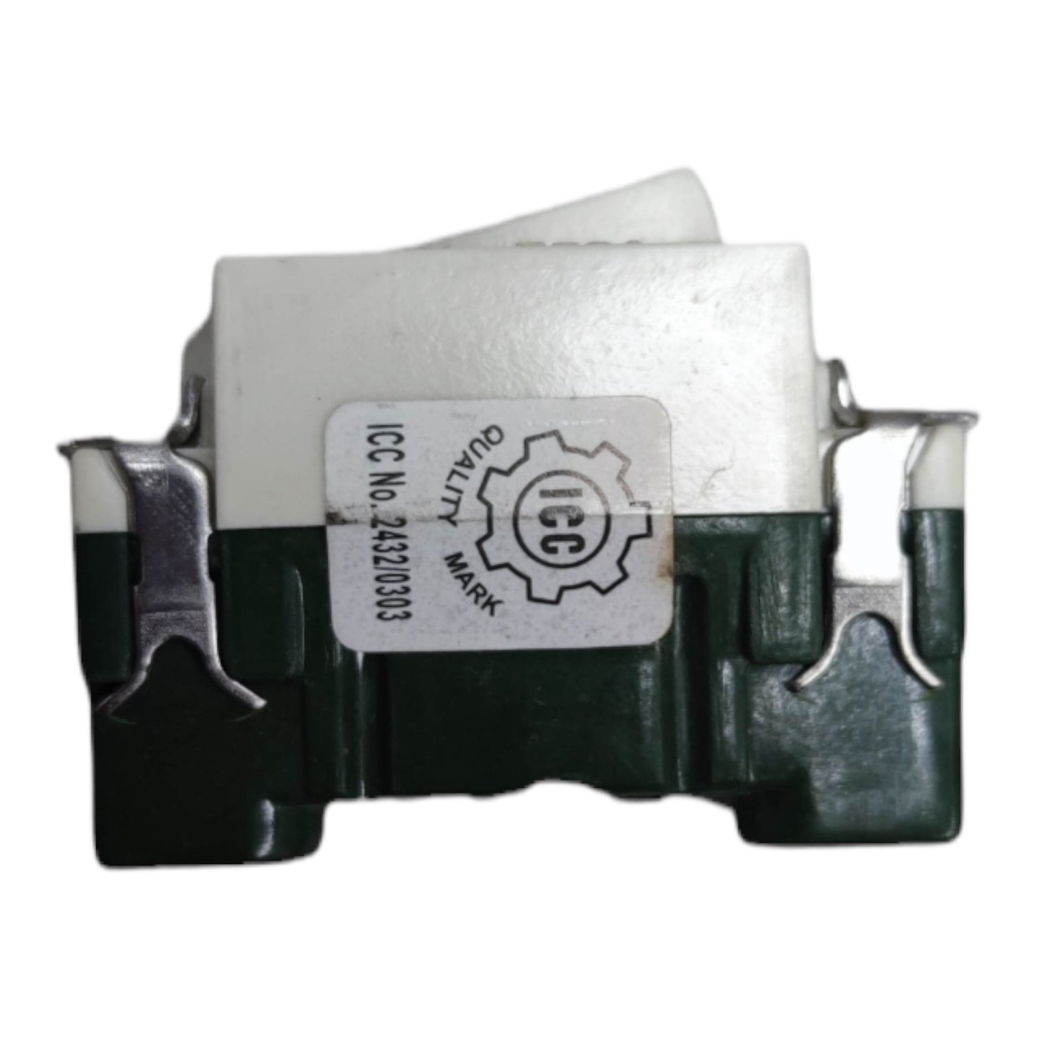 A small electronic component with a white top section, a dark green base, and silver metal leads, featuring a white sticker label with 'IC' and 'QUALITY' text.