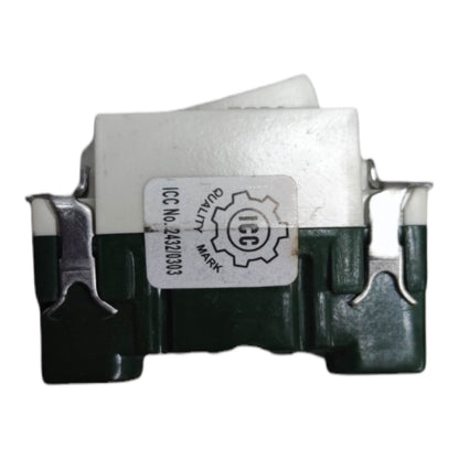 A small electronic component with a white top section, a dark green base, and silver metal leads, featuring a white sticker label with 'IC' and 'QUALITY' text.