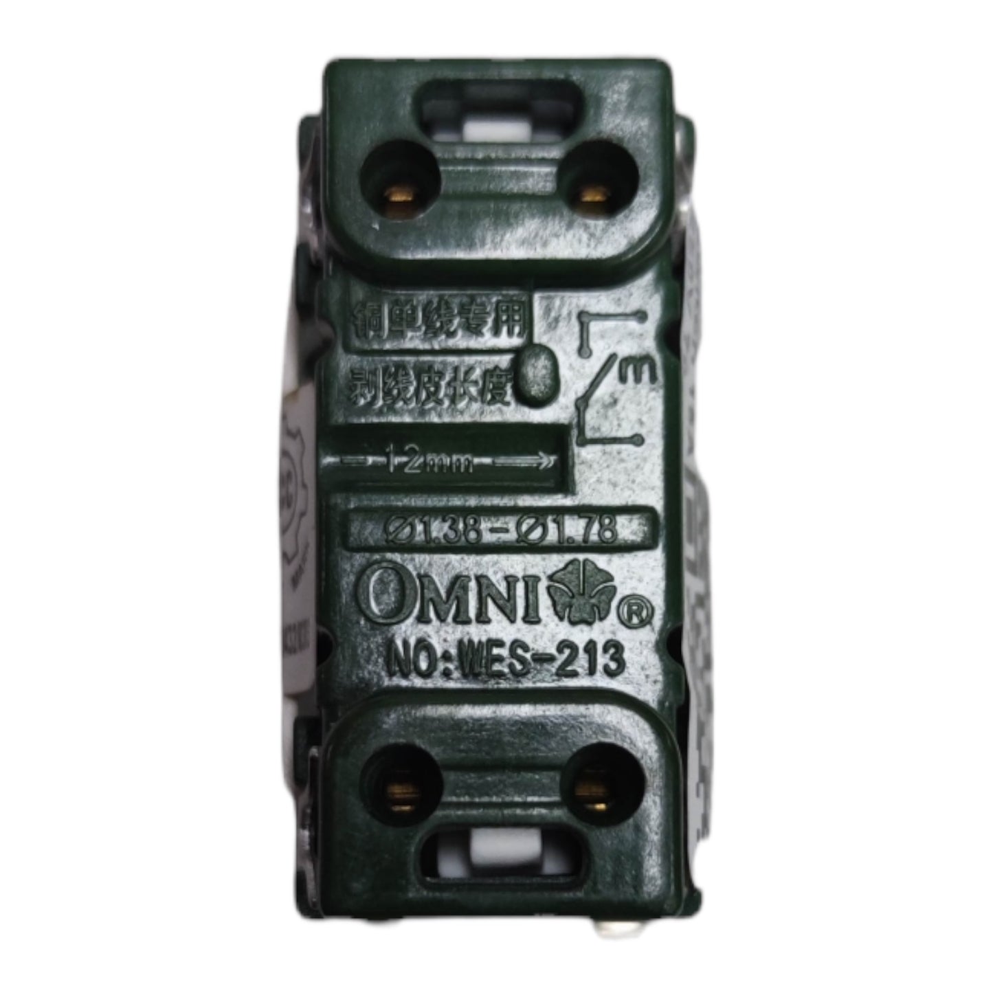 A dark green Omni electrical terminal block connector, model WES-213, shown against a plain white background.