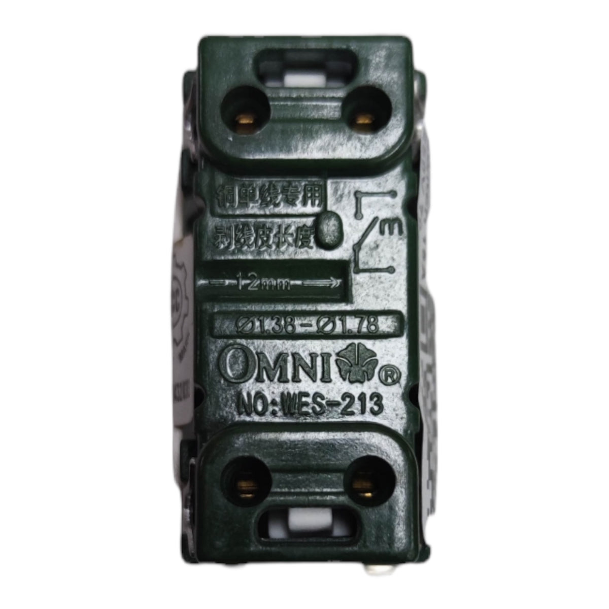 A dark green Omni electrical terminal block connector, model WES-213, shown against a plain white background.