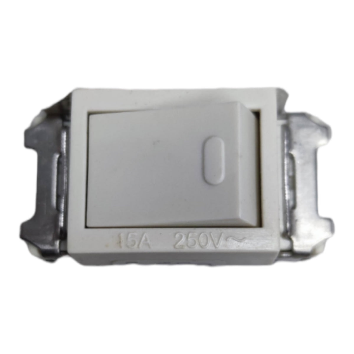 A small white plastic single-toggle switch with metal side terminals, shown on a plain white background. Engraved text on the front reads 16A 250V.