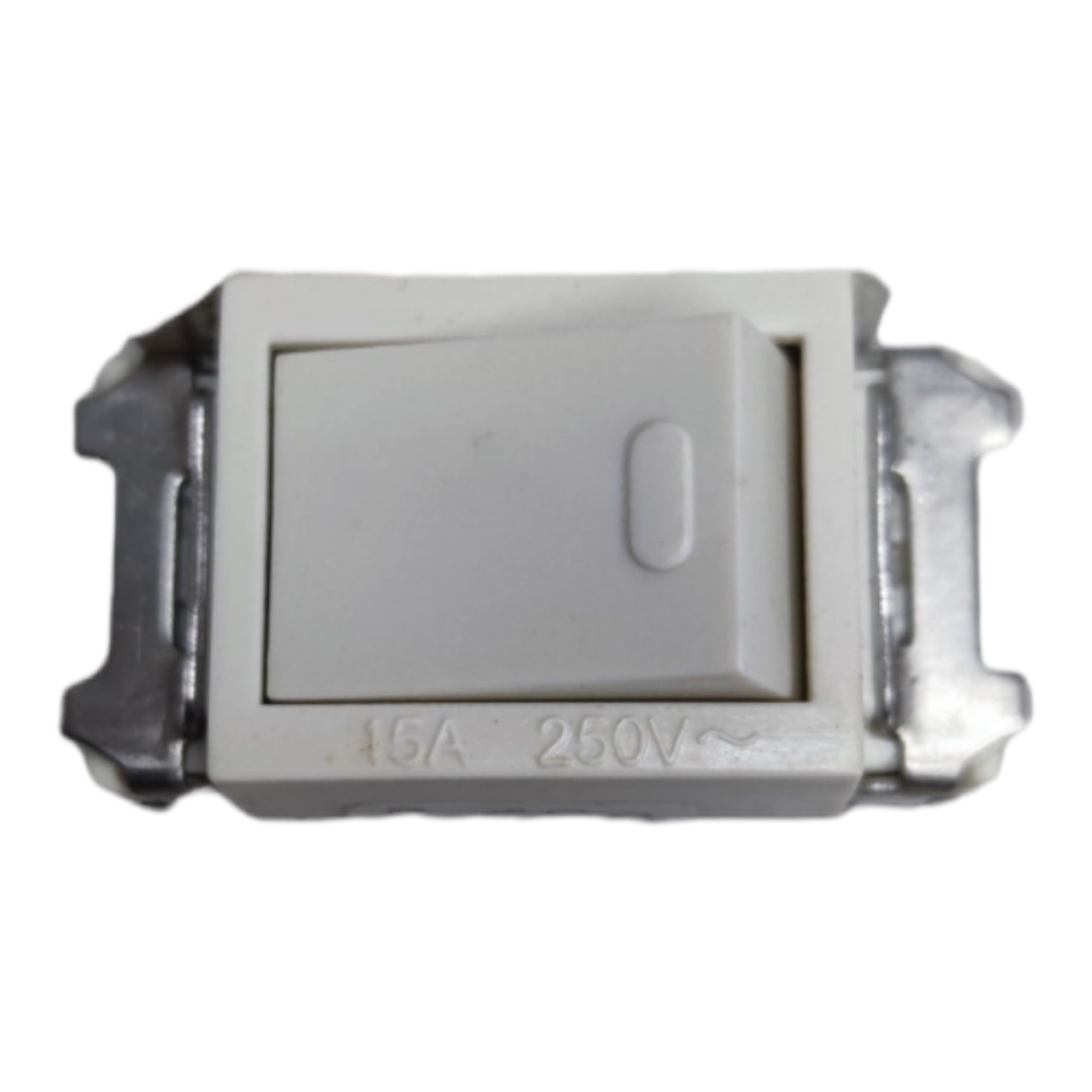 A small white plastic single-toggle switch with metal side terminals, shown on a plain white background. Engraved text on the front reads 16A 250V.