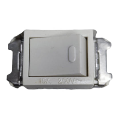 A small white plastic single-toggle switch with metal side terminals, shown on a plain white background. Engraved text on the front reads 16A 250V.