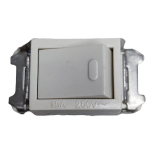 A small white plastic single-toggle switch with metal side terminals, shown on a plain white background. Engraved text on the front reads 16A 250V.