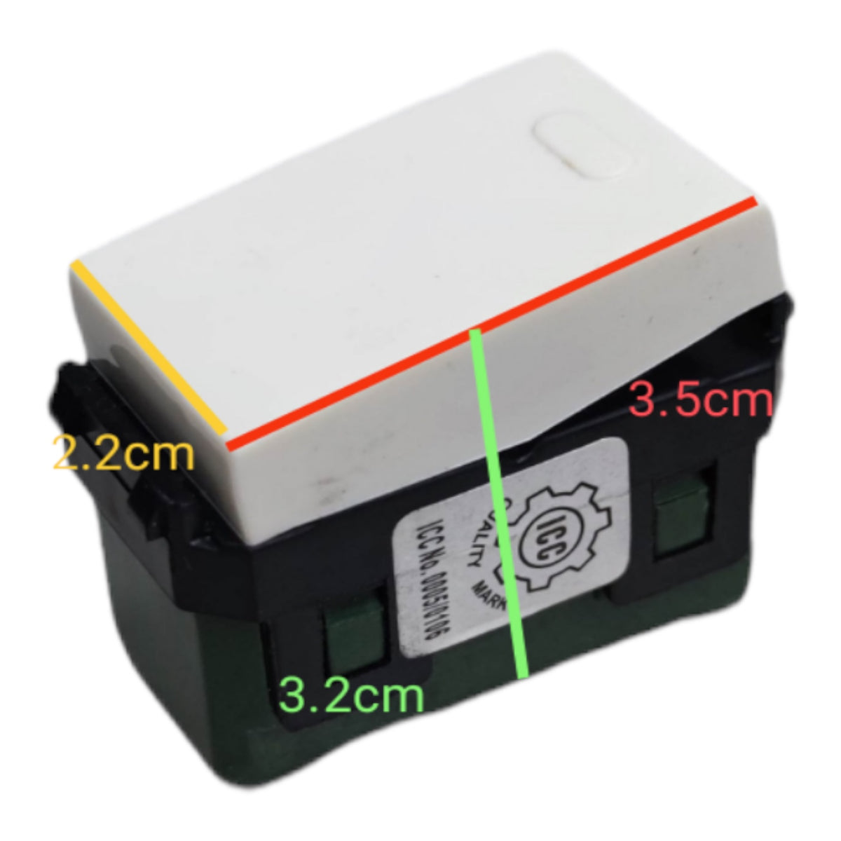 A small rectangular product shown on a plain white background with overlaid measurement lines and labels indicating dimensions: 2.2 cm, 3.