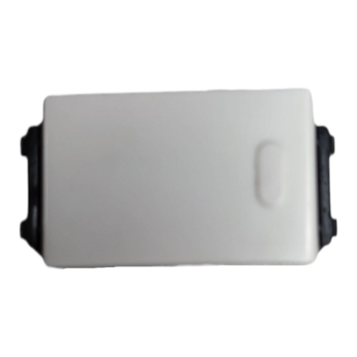 A white plastic electrical junction box cover with black side mounting tabs, shown against a plain white background.