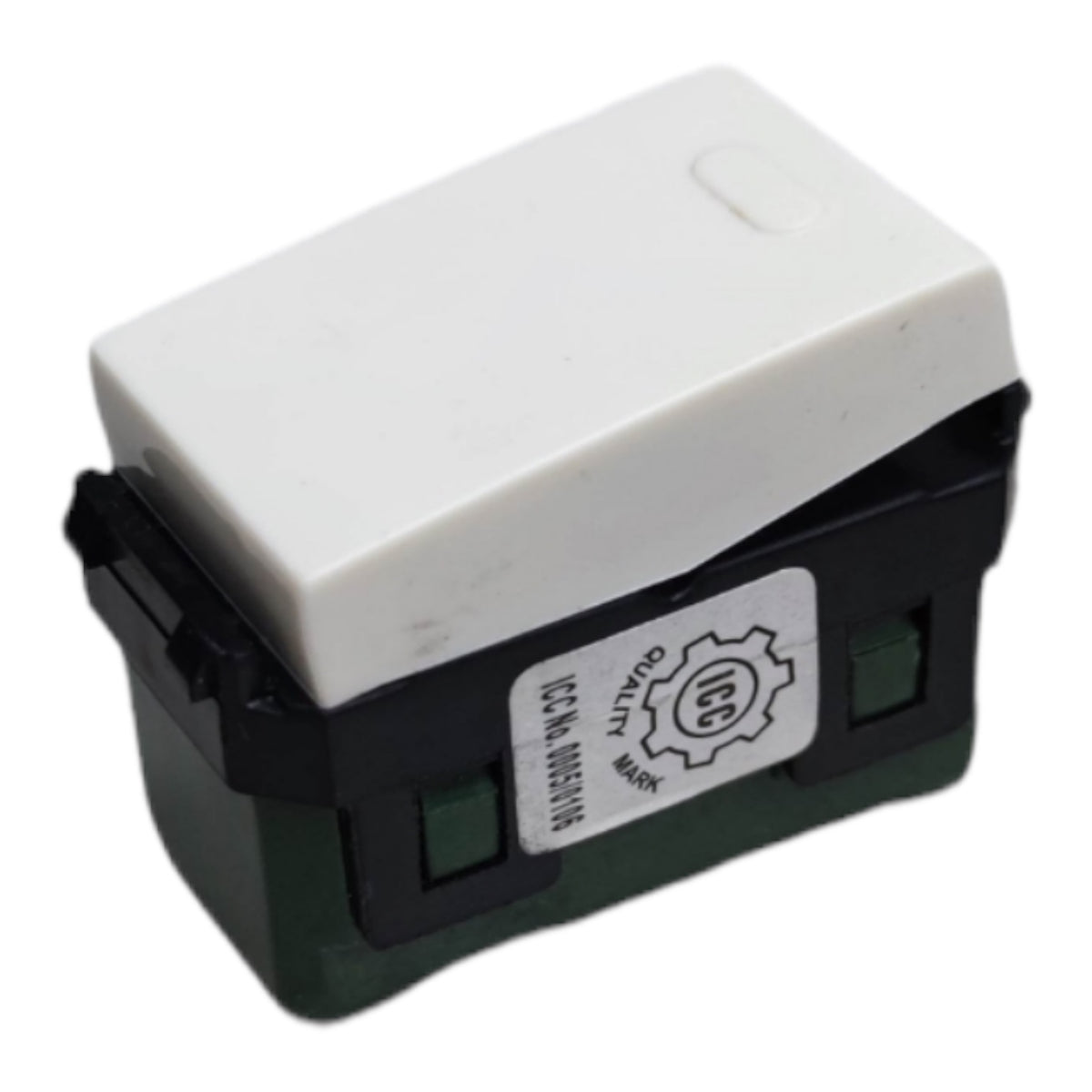 A small electrical switch component with a white top cover, black side housing, and a dark green base, shown on a plain white background. A white label is attached to the side.