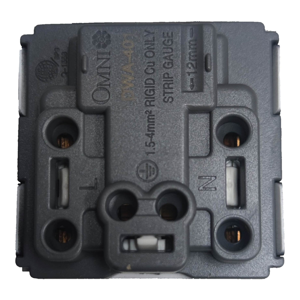 An Omni JWA-40 3-pin plug connector, featuring a dark gray molded plastic body with pre-terminated L, N, and PE wire leads, and printed specifications on the top surface.