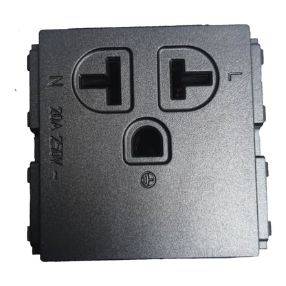 A black metal double outlet electrical socket panel, showing the front face with two T-type outlets and a grounding hole, on a white background.