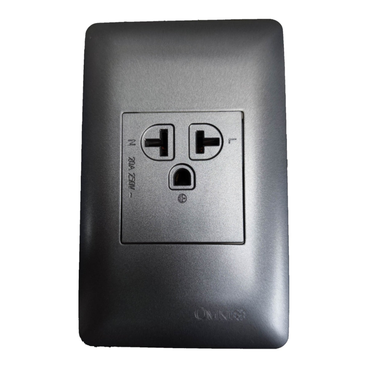 A dark gray wall outlet cover plate with a recessed center panel showing two flat grounding pins and a grounding hole, photographed on a plain white background.