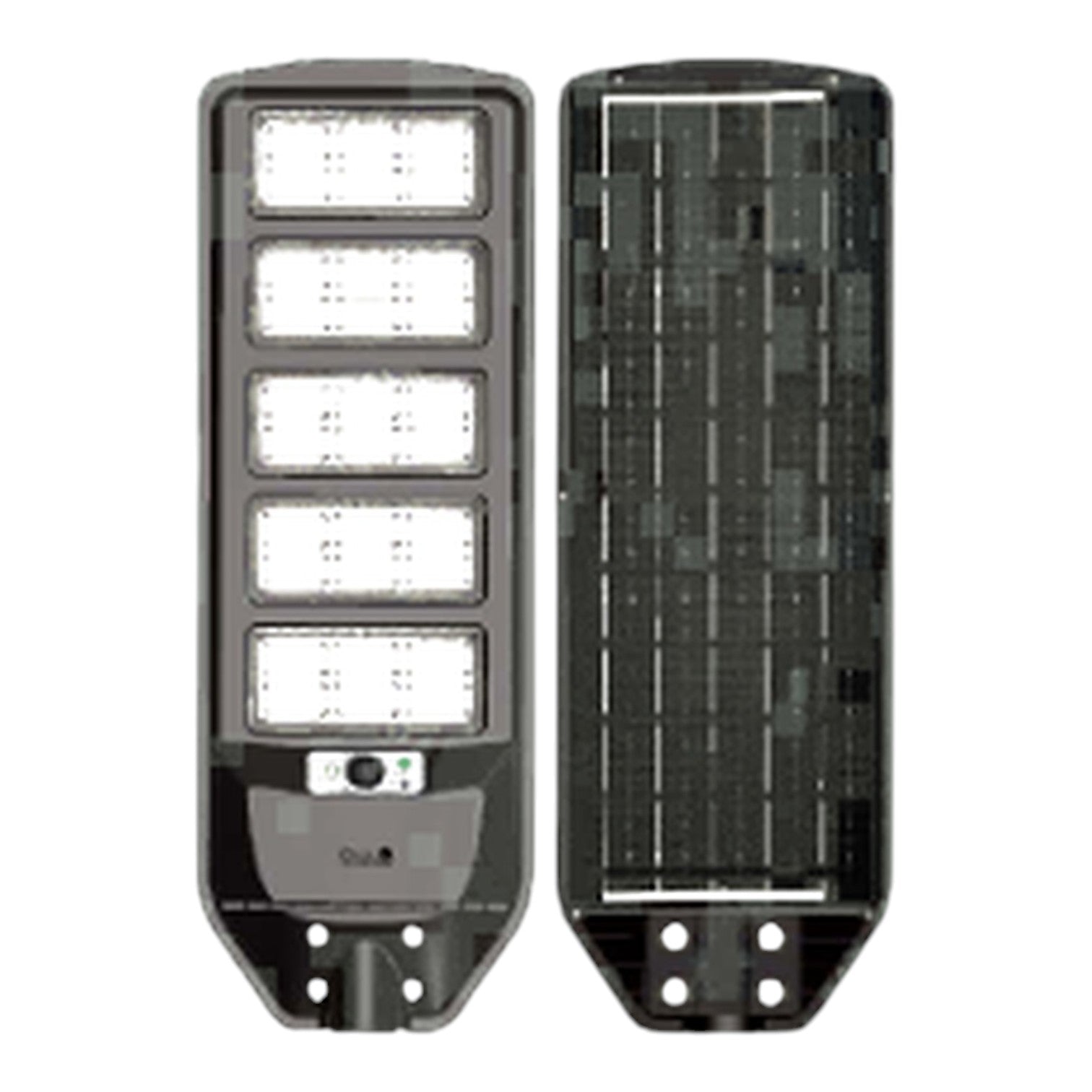 A dual-view product shot of a solar-powered outdoor street light. The left side shows the front face with five rectangular LED light panels, while the right side shows the back face with a dark solar panel array.