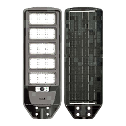 A dual-view product shot of a solar-powered outdoor street light. The left side shows the front face with five rectangular LED light panels, while the right side shows the back face with a dark solar panel array.
