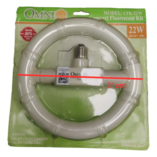 Compact fluorescent light bulb in packaging with Omni branding