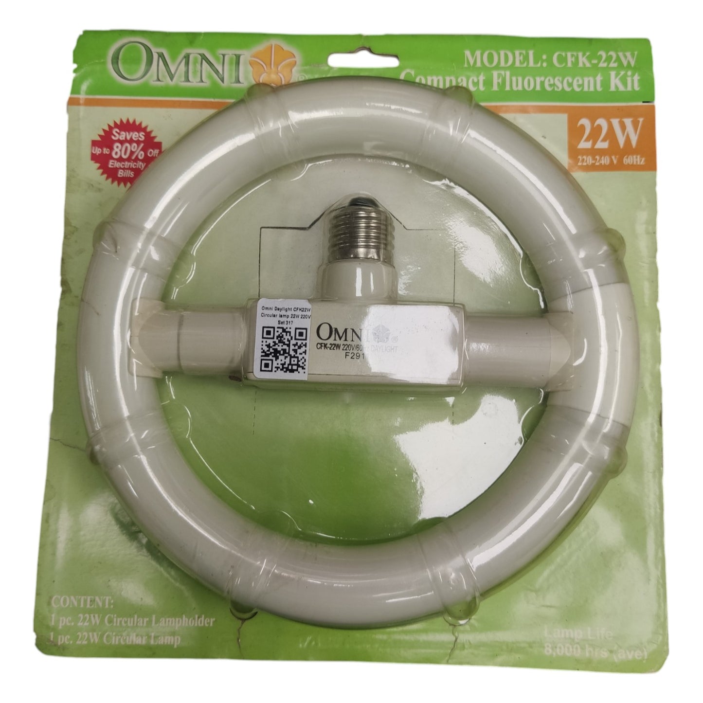 Compact fluorescent light bulb in packaging with Omni branding