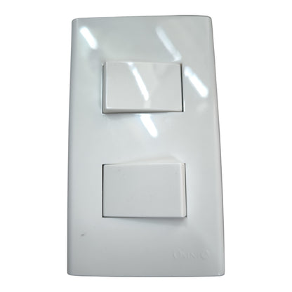 A white double-gang switchboard with two rectangular toggle switches, featuring a glossy finish and subtle reflections, on a plain white background.