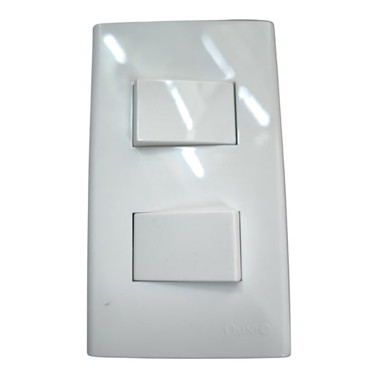 A white double-gang switchboard with two rectangular toggle switches, featuring a glossy finish and subtle reflections, on a plain white background.
