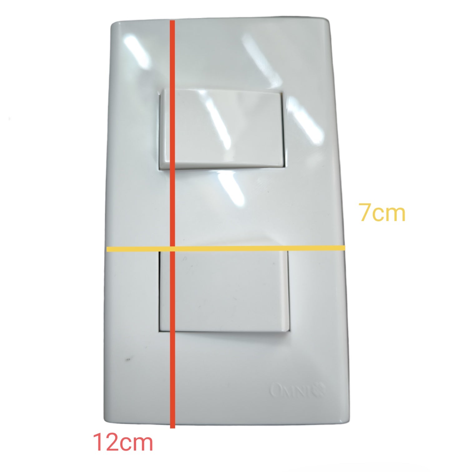 A white double light switch plate shown on a white background with overlaid dimension lines and text indicating 12cm height, 7cm width, and a vertical center line.