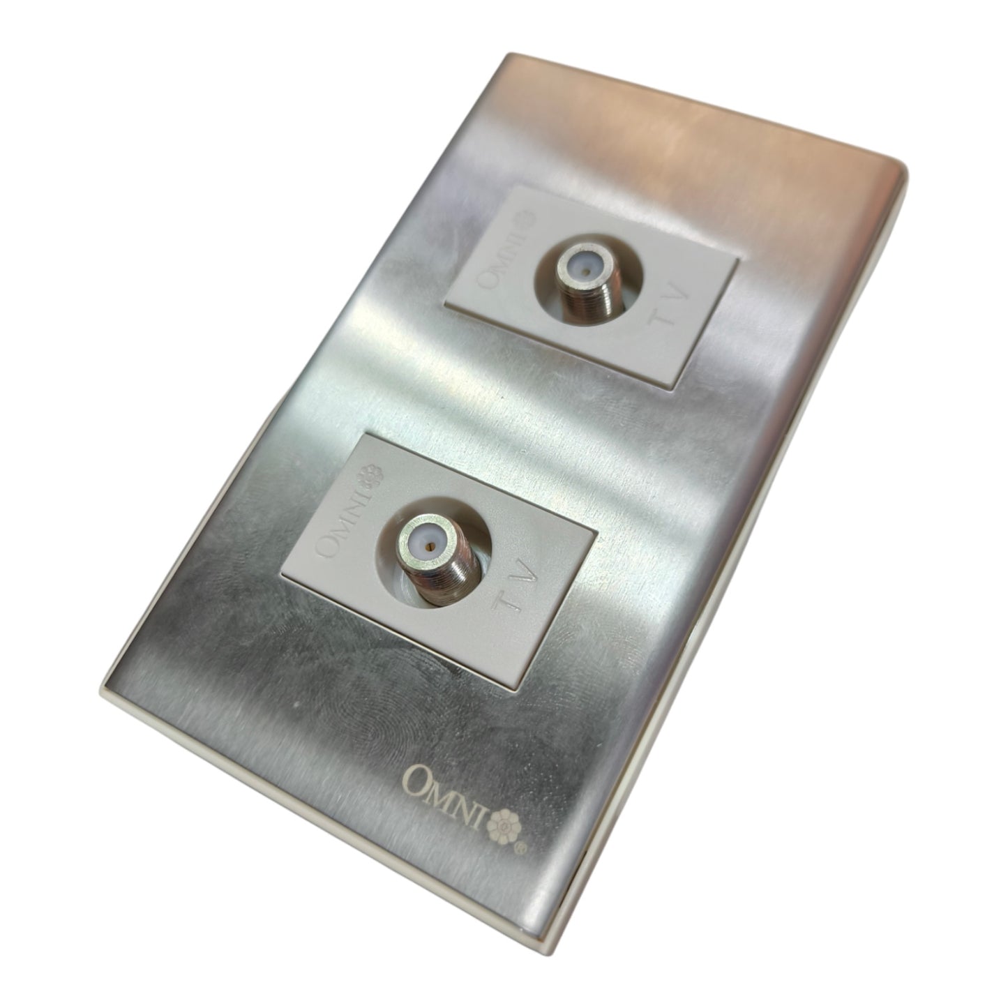 A brushed stainless steel dual 1V port panel with ONNI branding, shown at an angle on a white background.